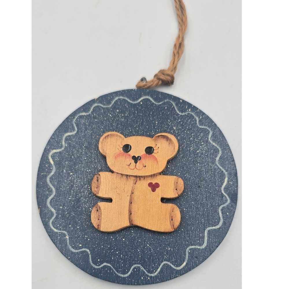 Unbranded Teddy Bear Ornament Blue Good Vintage Wood Folk Art Heart